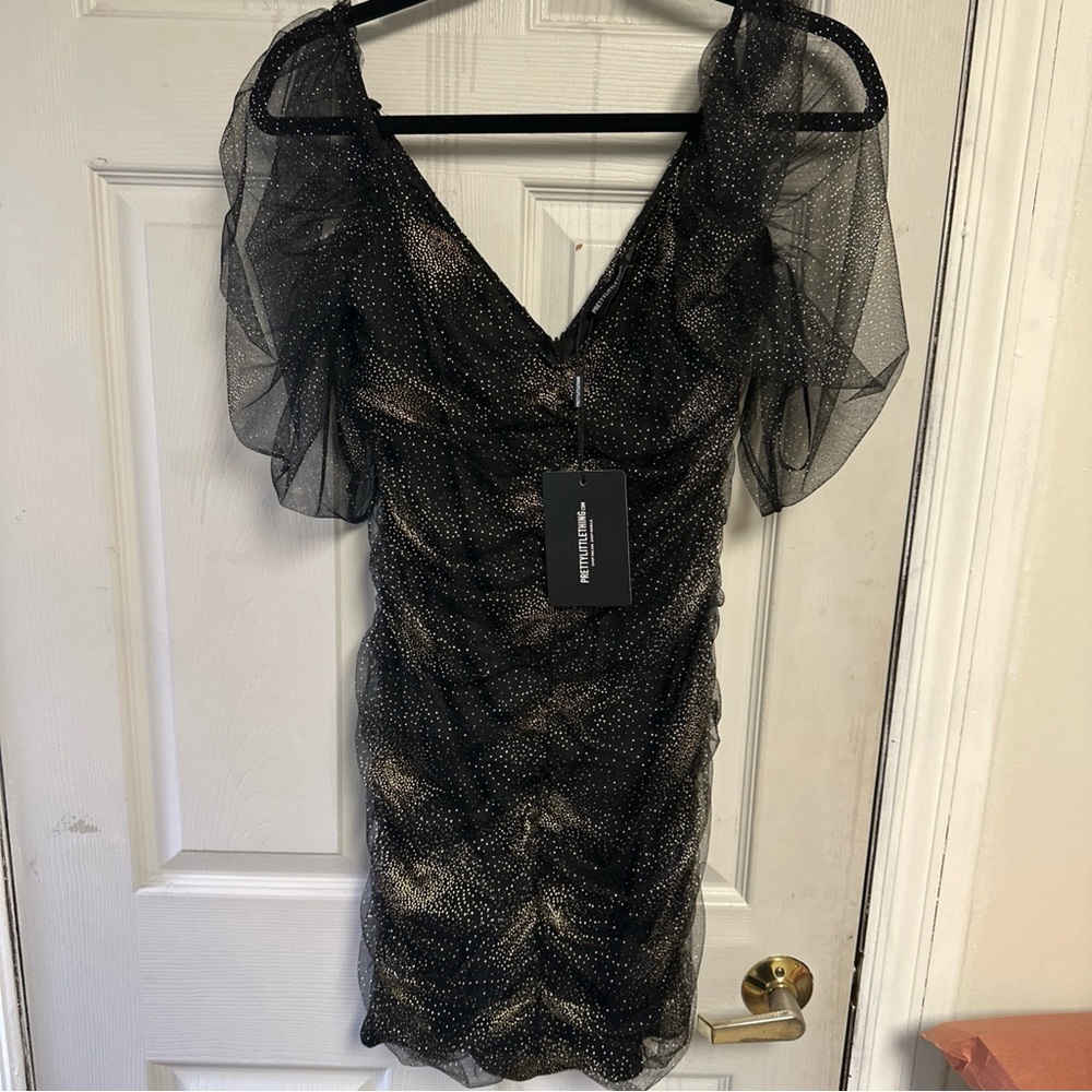 PrettyLittleThing Black Sheer Puff-Sleeve Mini Dress with Metallic Sparkle